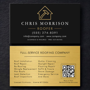Tarjeta De Visita Código QR Negro Dorado Profesional de Techos