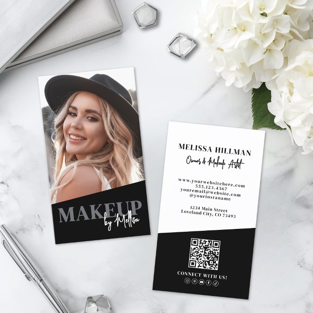 Tarjeta De Visita Código QR Negro Foto Maquillaje Vertical (Black QR Code Photo Makeup Vertical Business Card )