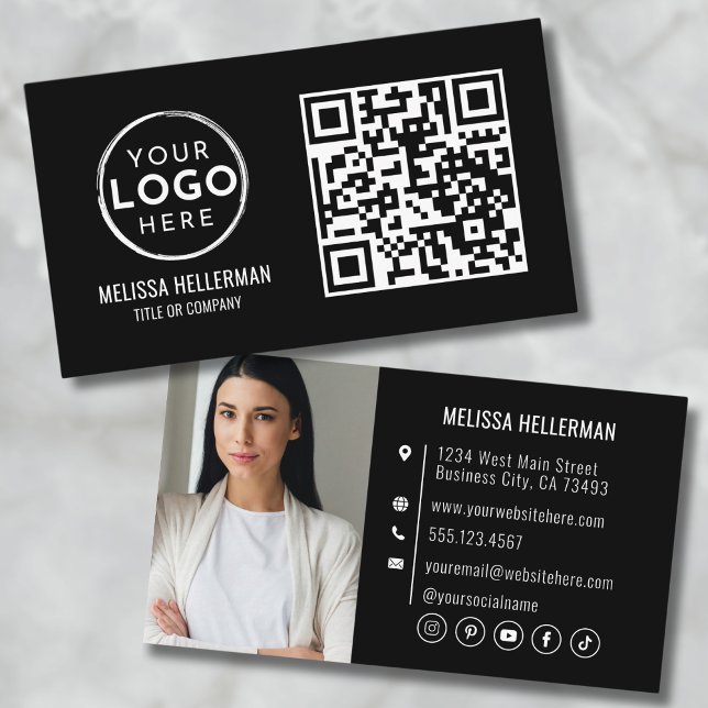 Tarjeta De Visita Código QR negro Fotografía profesional moderna Su  (Black QR Code Modern Professional Photo Your Logo Business Card)