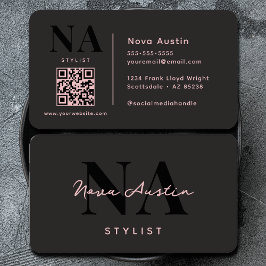Tarjeta De Visita Código QR negro rosado de moda monograma lujoso es
