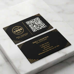 Tarjeta De Visita Código QR negro y dorado moderno   Art Déco de luj