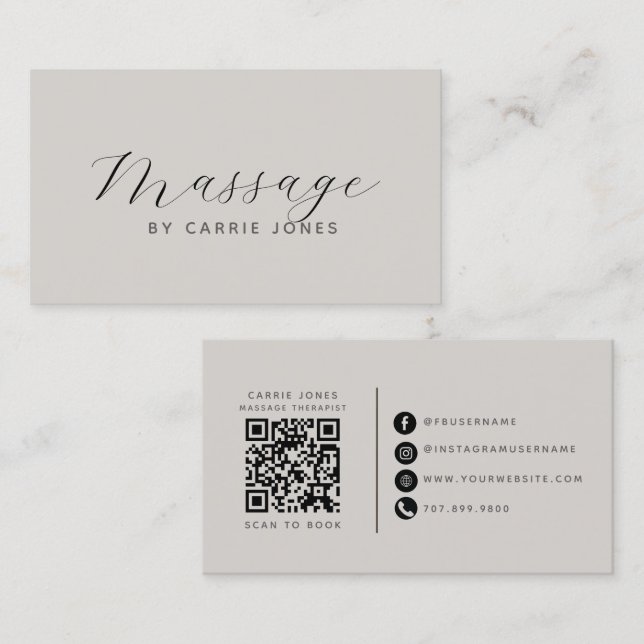 Tarjeta De Visita Código QR Neutral para Terapeuta de Masaje (Anverso / Reverso)