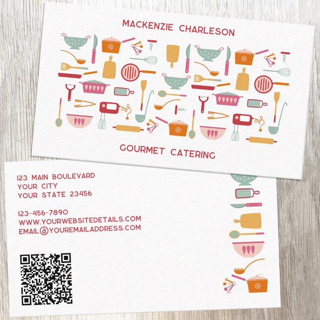 Tarjeta De Visita Código QR para la panadería Retro Catery (Retro kitchen utensil QR code catering, bakery, cafe, cook or chef business card)