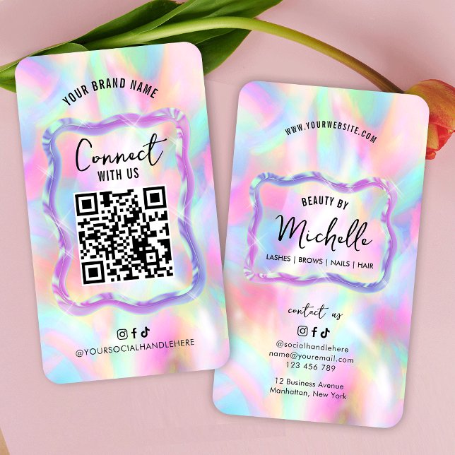 Tarjeta De Visita Código QR para redes sociales holográficas Neon Op (Trendy holographic neon effect scannable social media QR code business cards)