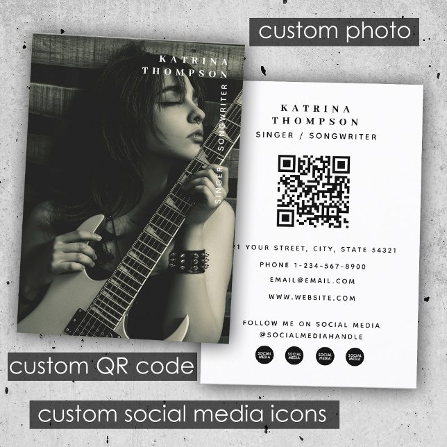 Tarjeta De Visita Código QR para un cantante moderno (Modern Singer Musician Photo Guitarist QR Code Business Card)