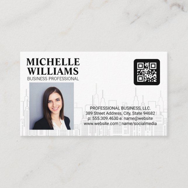 Tarjeta De Visita Código QR | Persona de negocios | Skyline de la ci (Anverso)