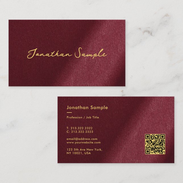 Tarjeta De Visita Código QR personalizado Bordeaux Gold Caligraphy S (Anverso / Reverso)