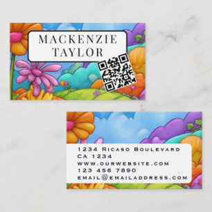 Tarjeta De Visita Código QR Personalizado de Flor de Dibujos Animado