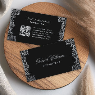 Tarjeta De Visita Código QR Plateado Negro Antiguo Escritura Ornata 