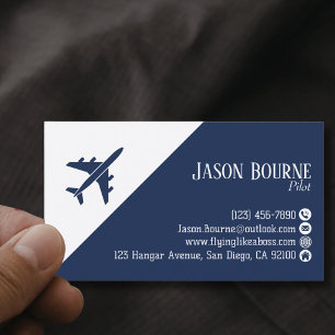 Tarjeta De Visita Código QR Profesional Aviación Azul Marino Blanco