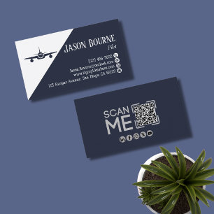 Tarjeta De Visita Código QR profesional, aviación, azul, minimalista