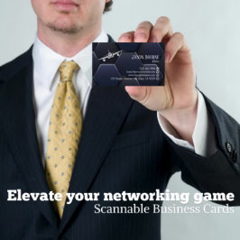 Tarjeta De Visita Código QR profesional,Aviación, Plata Azul Moderno