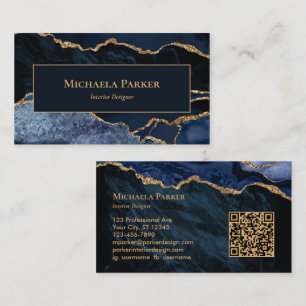 Tarjeta De Visita Código QR profesional de ágata dorada azul marino