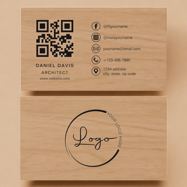 Tarjeta De Visita Código QR profesional de arquitecto de madera (Subido por el creador)