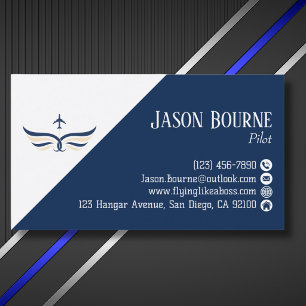 Tarjeta De Visita Código QR Profesional de Aviación Azul Marino Blan
