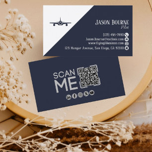 Tarjeta De Visita Código QR Profesional de Aviación Azul Marino Mini