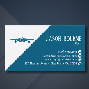 Tarjeta De Visita Código QR Profesional de Aviación Piloto Azul y Bl
