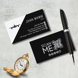 Tarjeta De Visita Código QR Profesional de Aviación Piloto Negro y B