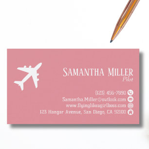Tarjeta De Visita Código QR Profesional de Aviación Rosa Blanco Pers