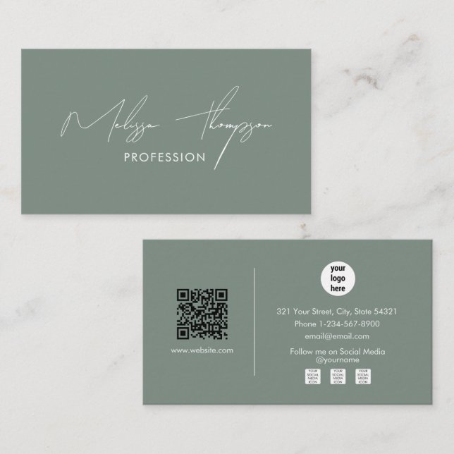 Tarjeta De Visita Código QR profesional de escritura de firma verde  (Anverso / Reverso)
