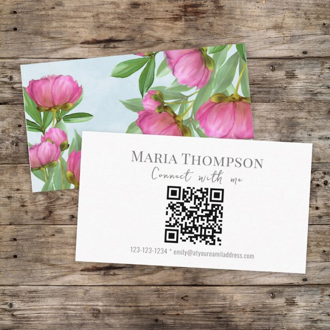 Tarjeta De Visita Código QR profesional de peones rosados florales d (Subido por el creador)