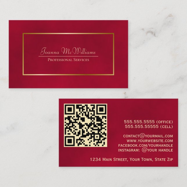 Tarjeta De Visita Código QR profesional elegante Crimson Red & Gold (Anverso / Reverso)