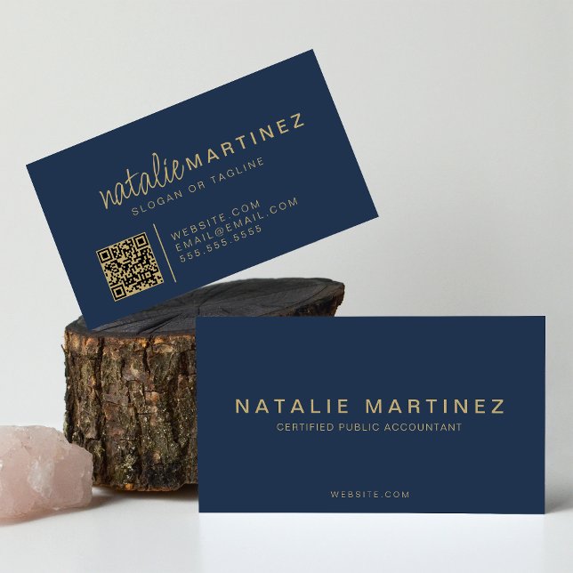 Tarjeta De Visita Código QR Profesional Elegante Guión Azul Y Oro (Subido por el creador)