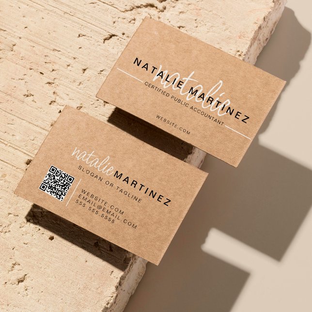 Tarjeta De Visita Código QR profesional Elegante guión de moda Kraft (Subido por el creador)