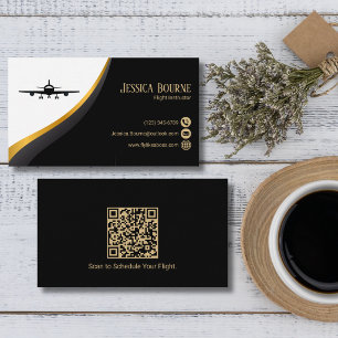 Tarjeta De Visita Código QR Profesional Elegante Negro Oro Aviación
