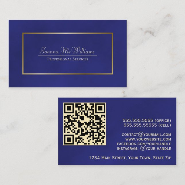 Tarjeta De Visita Código QR profesional elegante Royal Blue & Gold (Anverso / Reverso)