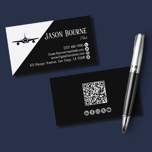 Tarjeta De Visita Código QR profesional empleado de aviación blanco 