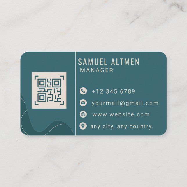 Tarjeta De Visita Código QR Profesional Lujo Turquesa y Crema (Reverso)