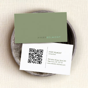 Tarjeta De Visita Código QR profesional mínimo de color verde sage