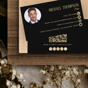 Tarjeta De Visita Código QR Profesional Moderno de Foto Negro y Dora