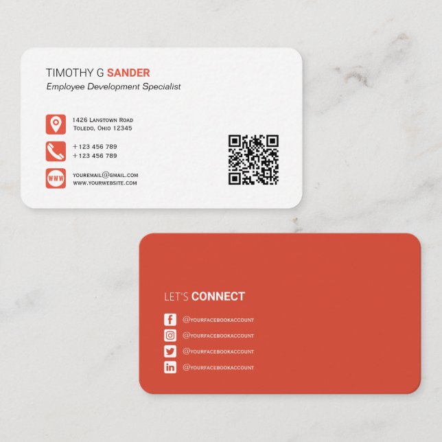 Tarjeta De Visita Código QR profesional red social naranja B (Anverso / Reverso)
