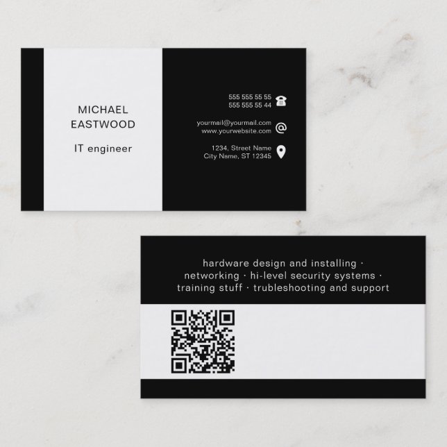 Tarjeta De Visita Código QR profesional simple en blanco negro (Anverso / Reverso)