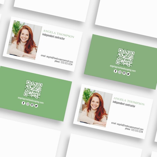 Tarjeta De Visita Código QR profesional simple Foto verde (Simple business card with photo and QR Code. )