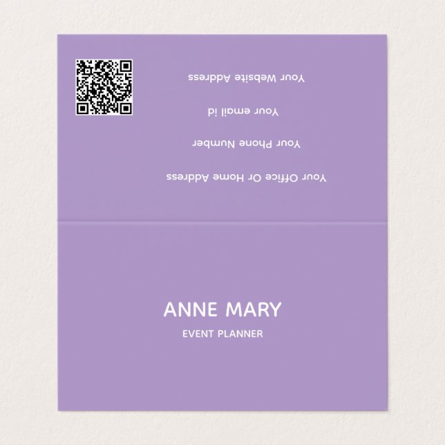 Tarjeta De Visita Código QR profesional violeta lavanda blanco  (Exterior desplegado)