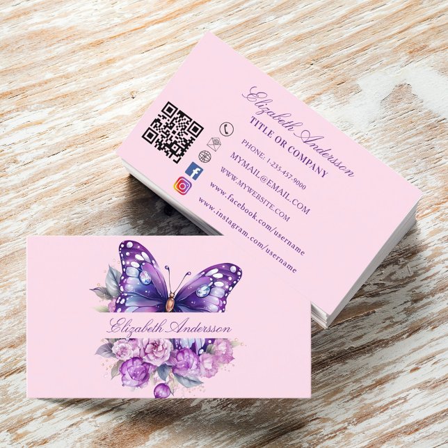 Tarjeta De Visita Código QR púrpura mariposa medios sociales (Subido por el creador)