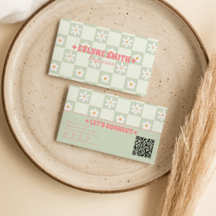 Tarjeta De Visita Código QR Retro a Cuadros Floral Boho Moderno