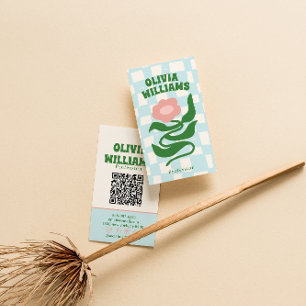 Tarjeta De Visita Código QR Retro Bold Boho Groovy Cuadros Floral