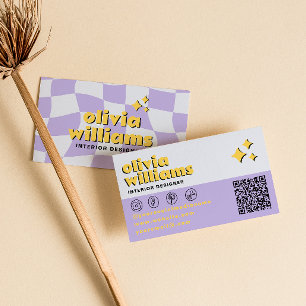 Tarjeta De Visita Código QR Retro Bold de los 70 Grunge Cuadriculado
