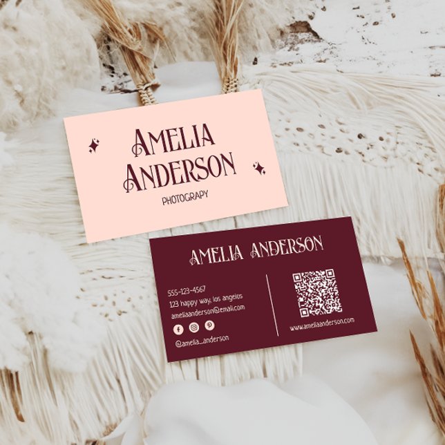 Tarjeta De Visita Código Qr Retro Elegante Rosa y Borgoña (Subido por el creador)