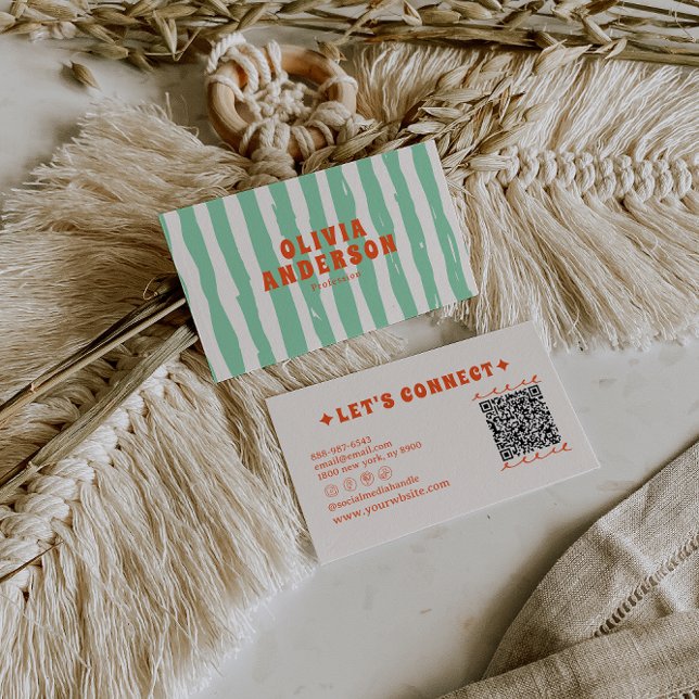 Tarjeta De Visita Código QR Retro Green Boho Groovy Diversión única  (Subido por el creador)