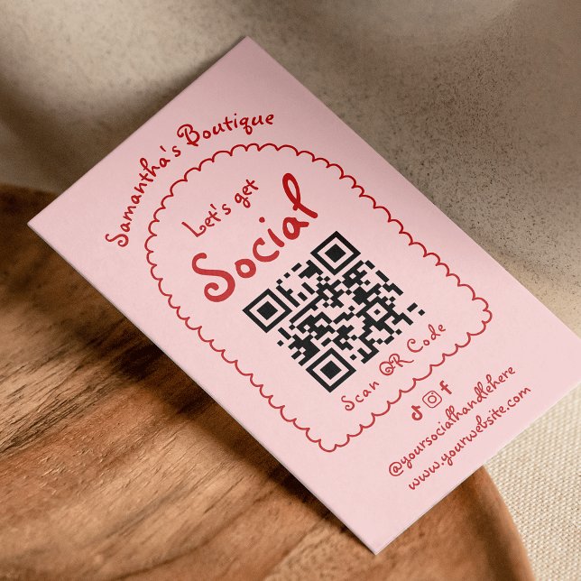 Tarjeta De Visita Código QR retro Rojo manuscrito Giro Whimsical (Hand drawn whimsical blush pink and red QR code business cards - use it for your socials or website)