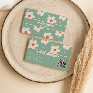 Tarjeta De Visita Código QR Retro Verde Floral Boho Divertido Único