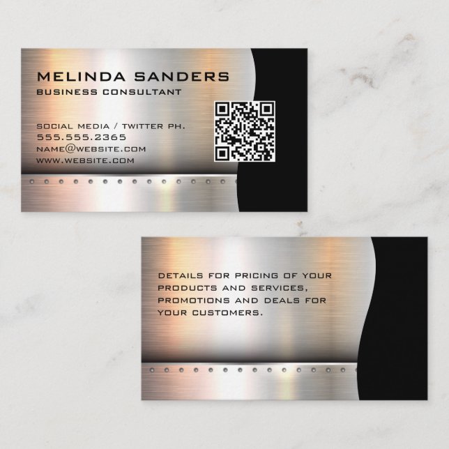 Tarjeta De Visita Código QR / Rivetos metálicos plateados (Anverso / Reverso)
