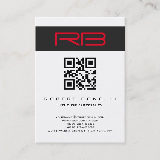 Tarjeta De Visita Código QR rojo blanco de monograma (Anverso)