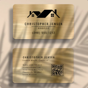 Tarjeta De Visita Código QR Roofing negro metálico dorado redondeado