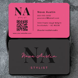 Tarjeta De Visita Código QR Rosa Caliente Estética de Lujo Monograma